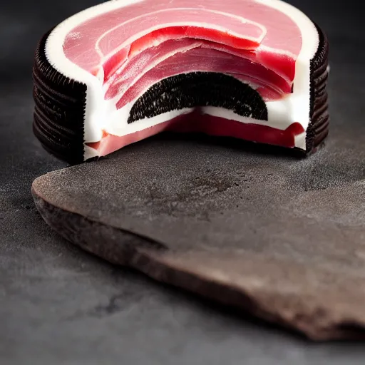 Prompt: oreo Ice cream sandwich with sliced ham in the middle, 4K photo, studio lighting