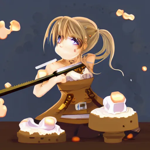 Image similar to anime girl with steampunk weapons stabbing giant marshmallows, surreal, lush, cute animation, anime, finely detailed, steampunk armor, copper, particles,