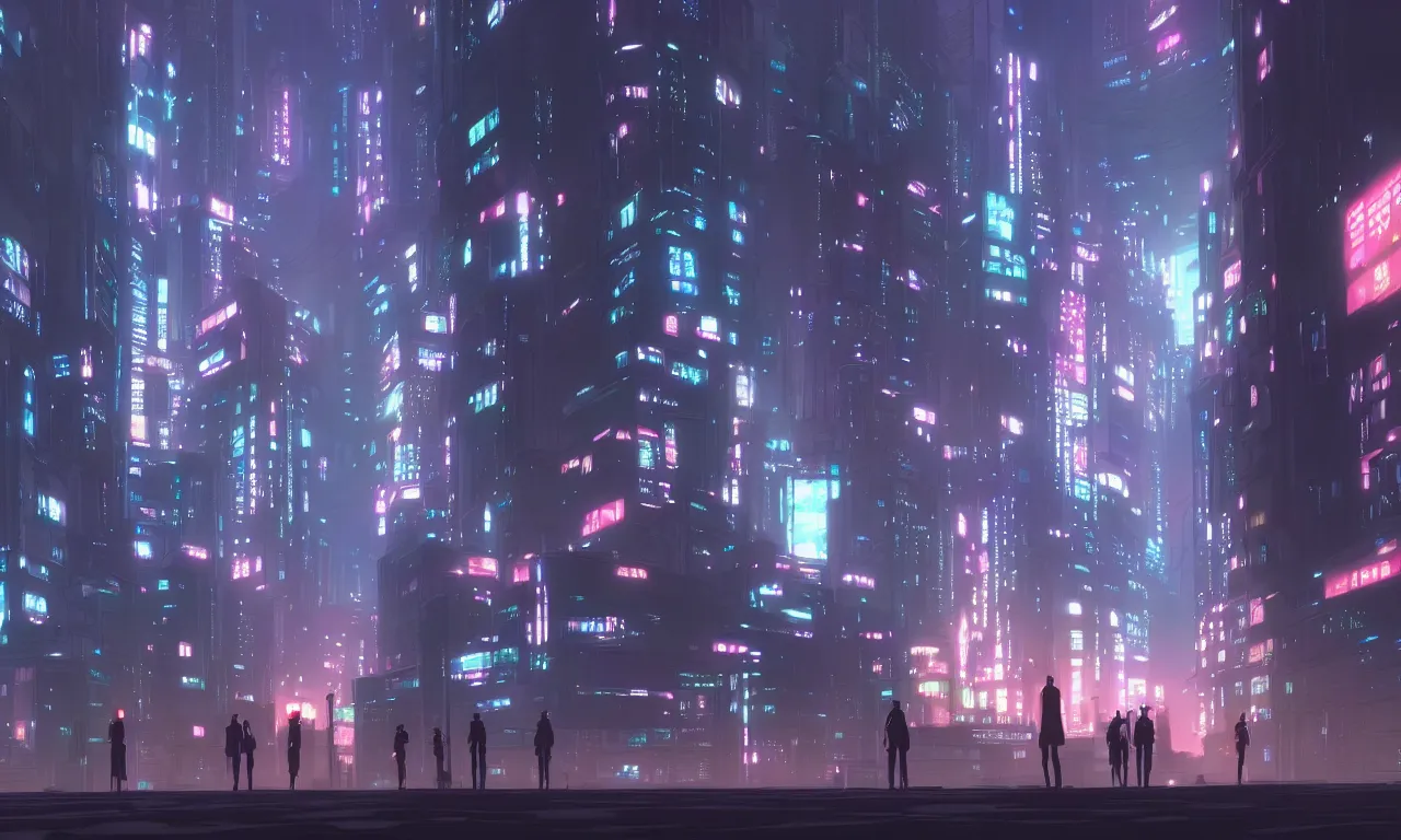 Prompt: city in the atmospheric cyberpunk anime film, gouache matte background painting, at night with lights, by makoto shinkai, in the anime series ergo proxy, beautiful specular edge highlights and rim lighting