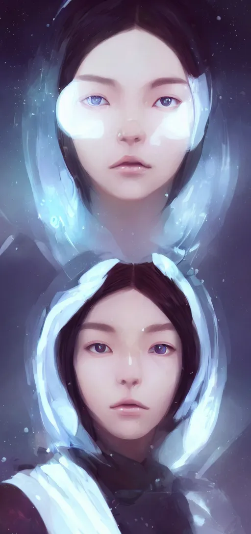 Image similar to a beautiful Tibetan woman, innocent, somber white eyes, long, gentle lighting, on a small space shuttle, futuristic, dim lighting, digital art by Makoto Shinkai ilya kuvshinov and Wojtek Fus, digital art, concept art,