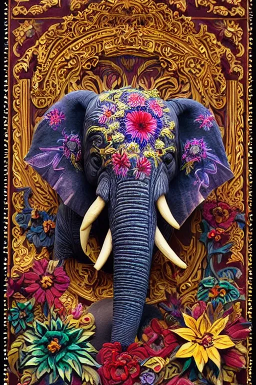 Image similar to Painted dark-wood relief carving of a Flowerpunk Matriarch Elephant, explosion of colorful flowers, dark wood, intricately carved, black ink, festival of rich colors, intricate details, cinematic lighting, volumetric lighting, backlit, post-processing, by andreas rocha and john howe, and Martin Johnson Heade, featured on artstation, featured on behance, golden ratio, ultrawide angle, hyper detailed, photorealistic, epic composition, wide angle, f32, well composed, UE5, 8k