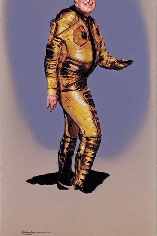 Prompt: full body portrait of actor kenneth mcmillan as baron harkonnen wearing leather spacesuit in dune, colour painting by normal rockwell