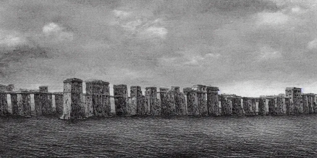 Prompt: a single giant ancient linear stone city on a single bridge, giant bridge city build over the ocean in a straight line, huge support buttresses, high in the air reaching the clouds, lots of buildings, small ships with sails go underneath, fades to the horizon