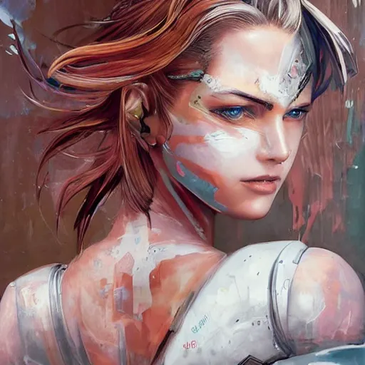 Image similar to portrait of female android by Tetsuya Nomura and Sandra Chevrier