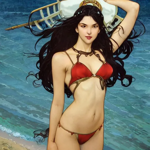 Image similar to dark-haired beauty in bikini styles by artgerm and greg rutkowski and alphonse mucha and J. C. Leyendecker and Edmund Blair Leighton and Katsuhiro Otomo and Geof Darrow and Phil hale and Ashley wood and Ilya repin and Charlie Bowater