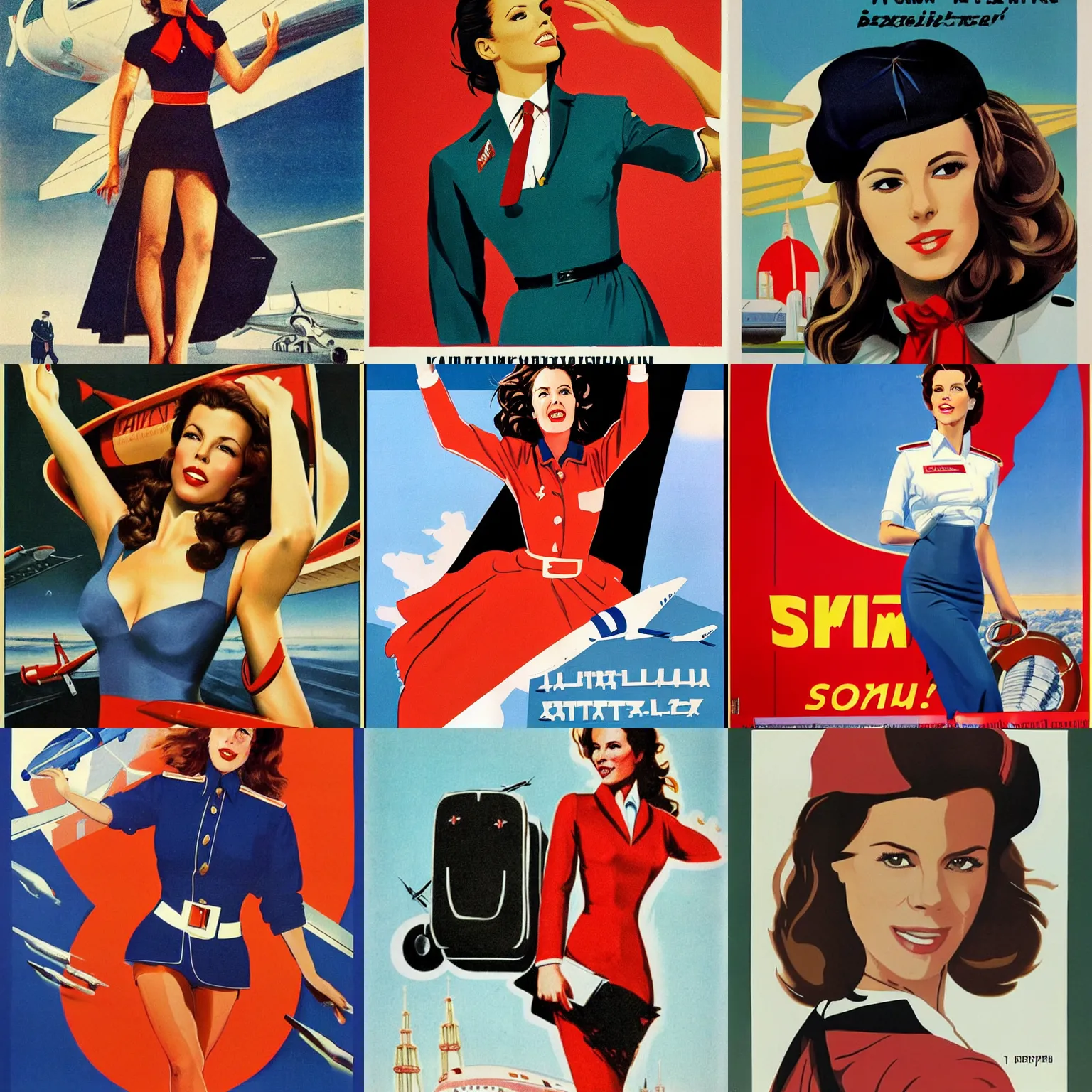 Prompt: kate beckinsale as stewardess on soviet poster about airplane flight by valery barykin