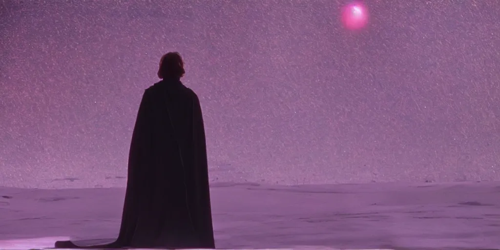 Image similar to screenshot of Luke Skywalker in dark jedi robe is lost on a surreal pink planet with black trees, minamilist 1970s sci fi film by Stanely Kubrick film, color kodak, Ektachrome, anamorphic lenses, detailed faces, hyper-realistic, photoreal, detailed portrait, moody award winning cinematography, beautiful lighting