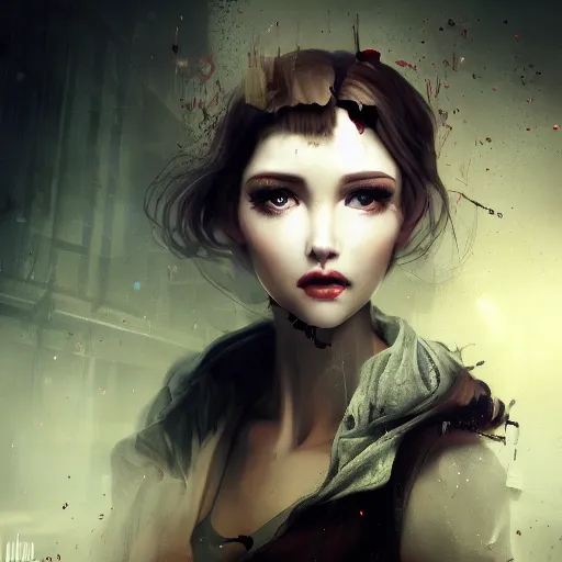 Prompt: a beautiful woman’s face shattered like a porcelaine doll, blurred dystopian city background, sad and dark atmosphere, cinematic, dramatic lighting, trending on Artstation, Cgsociety, concept art