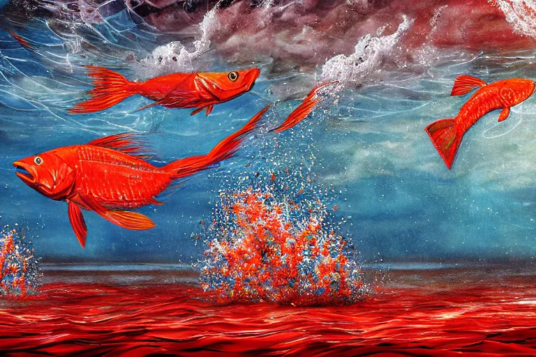 Image similar to An underwater painting of big Red Fish chasing shrimp in the Galveston Bay, inspired by Guy Harvey, Sport Fishermen Magazine, digital art, insanely detailed, hyper detailed photorealistic, ambient lighting, award winning, stunning