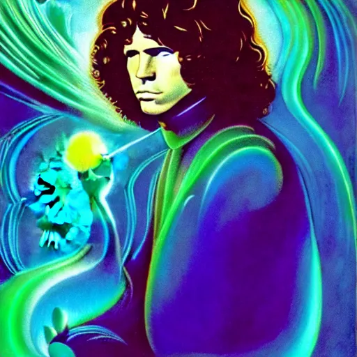 Image similar to a portrait of jim morrison by a mythical crystal temple, fractal waves, synthwave, bright neon colors, highly detailed, cinematic, eyvind earle, tim white, philippe druillet, roger dean, ernst haeckel, lisa frank, aubrey beardsley