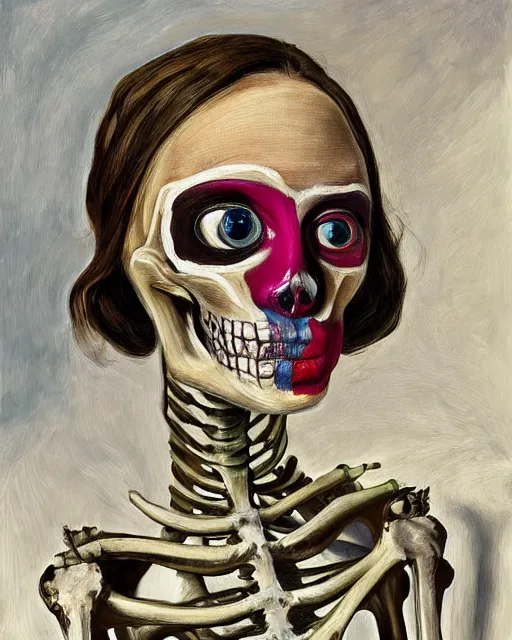 Image similar to a surrealistic head and shoulder painting of a gorgeous female skeleton with cat eyeballs and lipstick and hoodie, in the style of lucian freud, digital art, detailed masterpiece