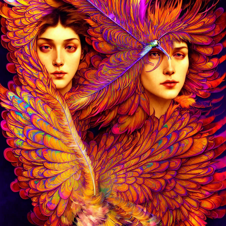 Image similar to face of innocent psychedelic transcendent feather mind bending psychedelic wings of glossy liquid honey flowing like kaleidoscopic translucent holograph, lsd feathers, feathery fluff, enlightenment, high contrast dappled lighting, refracted sunset, highly detailed, concept art, art by collier, albert aublet, krenz cushart, artem demura, alphonse mucha