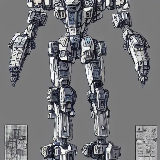 Prompt: very technical and detailed blueprint of a Bipedal mech, Center Frame, intricate details, ultra-detailed, baroque style, illustration, desaturated, concept art, Battletech, Mechwarrior, Gundam