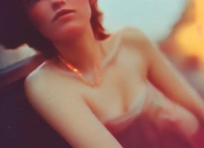 Image similar to close-up color film photography 1970 of woman in style of nan goldin, soft focus, golden hour, soft light, 35mm, film photo