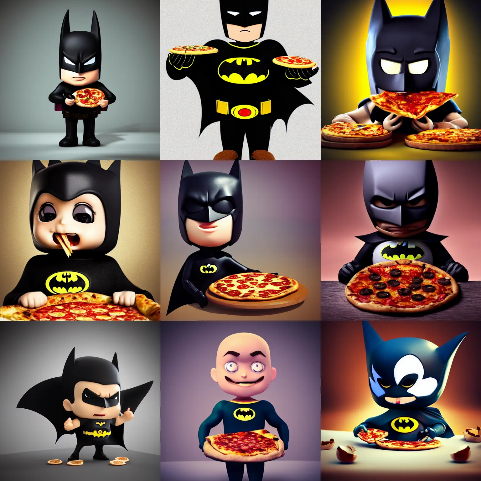 Prompt: A ultra detailed render of a chibi style Batman eating pizza adorable, cute, Portrait Lighting, trending on ArtStation, octane render, cinema4d, Zbrush