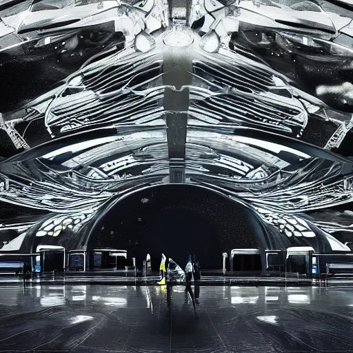 Prompt: sci-fi airport on moon with medium size man walking and digital billboard in the middle oily gloss reflection with organic forms in liquid and oil on the coronation of napoleon painting, with black background. unreal engine 5, keyshot, octane, artstation trending, by Zaha Hadid architects, by Matrix film color, high contrast pinterest black plastic, dark atmosphere pinterest tilt shift, 4k, 8k, 16k.