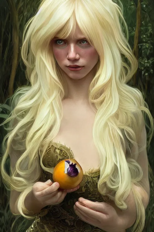 Image similar to beautiful cottagecore Boris Johnson holding a Black Onion, blonde Hair, dark forest, intricate, elegant, highly detailed, digital painting, artstation, concept art, smooth, sharp, focus, illustration, art by artgerm and greg rutkowski and alphonse mucha