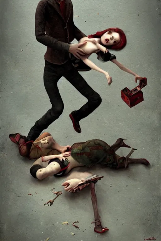 Prompt: man breaking into pieces while a woman tries to hold the fallen parts, surreal, ray caesar and john constable