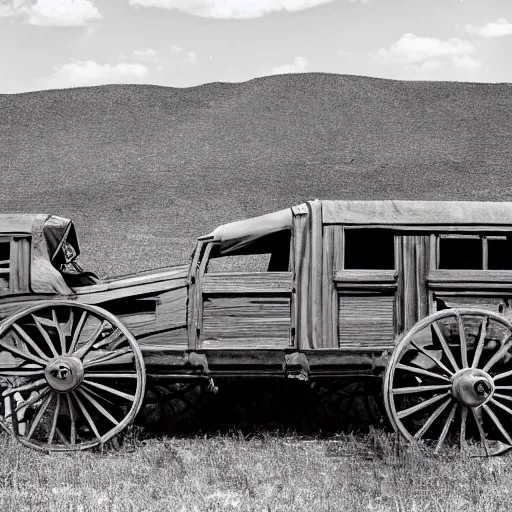 Image similar to a monochromatic sepia photograph of a delorean in a group of covered wagons,