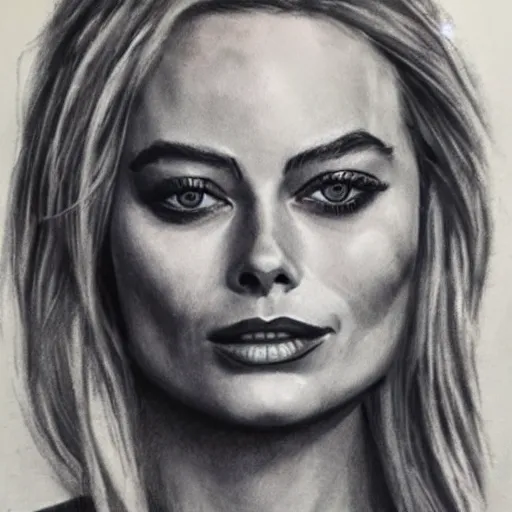 Image similar to charcoal drawing of margot robbie | horror themed | creepy