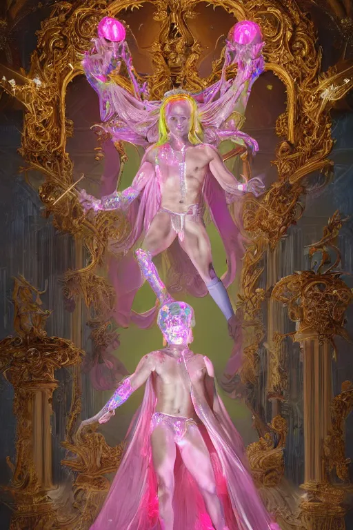Prompt: full-body rococo and cyberpunk delicate neon crystalline sculpture of ((muscular albino prince Nick Jonas)) as an iridescent humanoid deity wearing a thin see-through ((plastic hooded cloak)) sim roupa (holding a human skull), reclining con (((las piernas abiertas))), glowing pink face, crown of (white lasers), large diamonds, swirling black silk fabric. futuristic elements. oozing glowing liquid, full-length view. space robots. intricate artwork by caravaggio. Trending on artstation, octane render, cinematic lighting from the right, hyper realism, octane render, 8k, depth of field, 3D