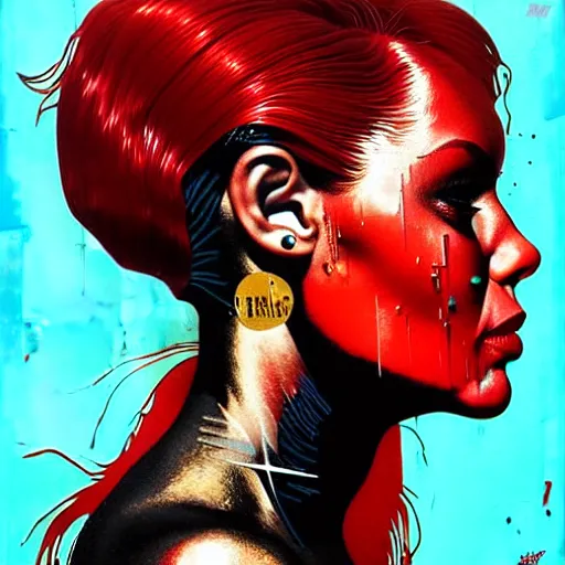 Prompt: portrait of red woman :: side profile :: in ocean :: guns and bullets :: metallic details :: gold :: blood and horror :: by marvel and Sandra Chevrier