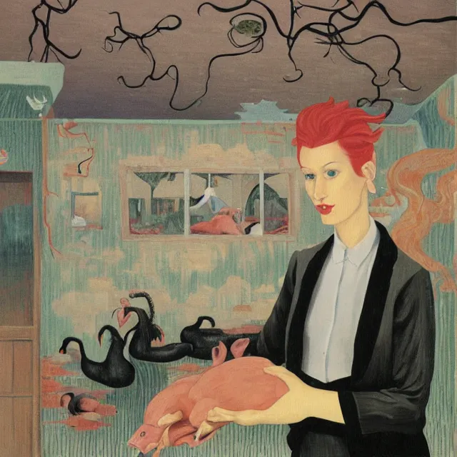 Image similar to tall female emo artist holding a pig in a flooded cafe, octopus, water gushing from ceiling, painting of flood waters inside a cafe, a river flooding indoors, pomegranates, pigs, ikebana, water, octopus, river, rapids, waterfall, black swans, canoe, berries, acrylic on canvas, surrealist, by magritte and monet