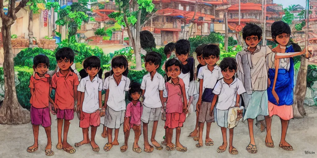Prompt: sri lankan kids in colombo sri lanka city, drawn by hayao miyazaki