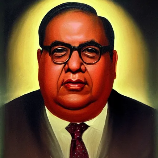 Prompt: a classical painting of Dr BR Ambedkar, chiaroscuro, oil on canvas, realistic, 8K,