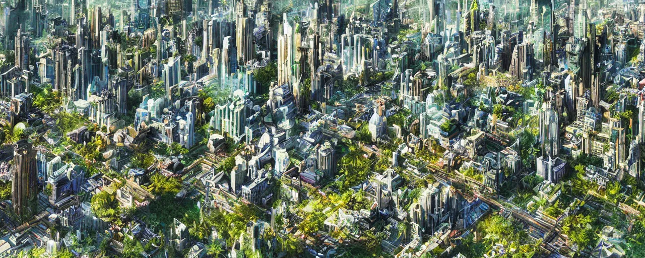 Image similar to a futuristic yet traditional metropolis city in a utopia, matte painting, digital painting, intricate, small details, national geographic cover, award winning, 4 k, botanical garden, lush, bright, clear, smooth,