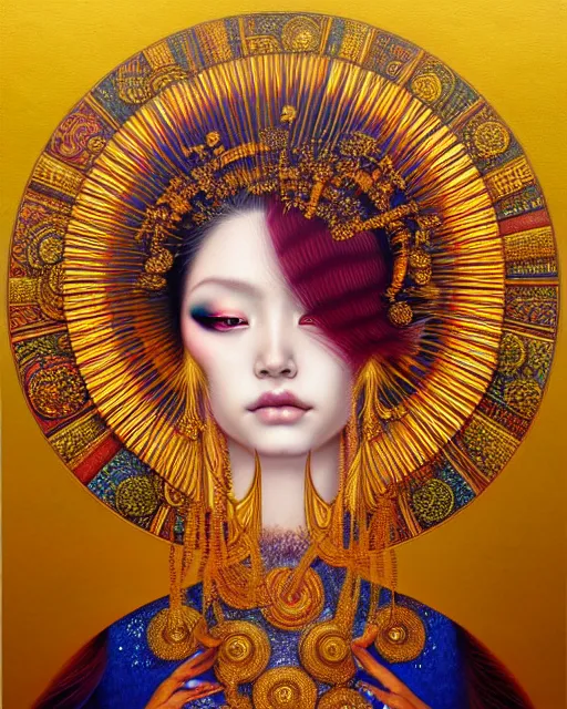 Image similar to portrait of a beautiful sun goddess, enigmatic beauty, esoteric, other worldly colors, head in focus, fantasy art, ornamental aesthetics intricate, elegant, highly detailed, hyperrealistic painting, artstation, concept art, painterly, sharp focus, illustration, art by chie yoshii