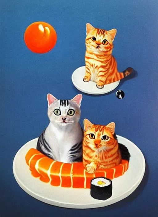 Image similar to clear surrealist painting of adorable cats made out of sushi