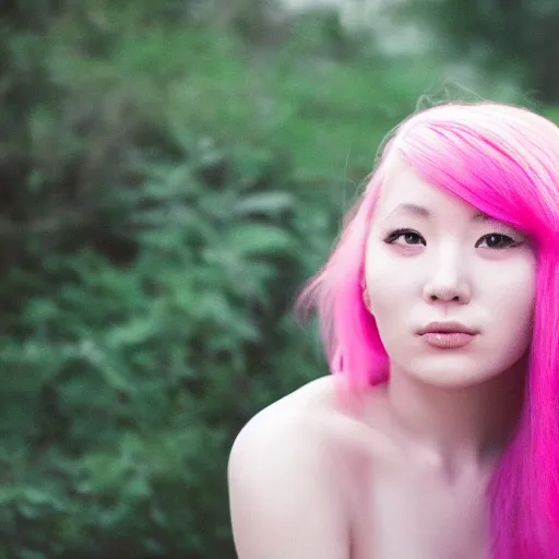 Image similar to a beautiful woman with pink hair and fair skin, portrait photograph, nikon 3 5 mm, photograph