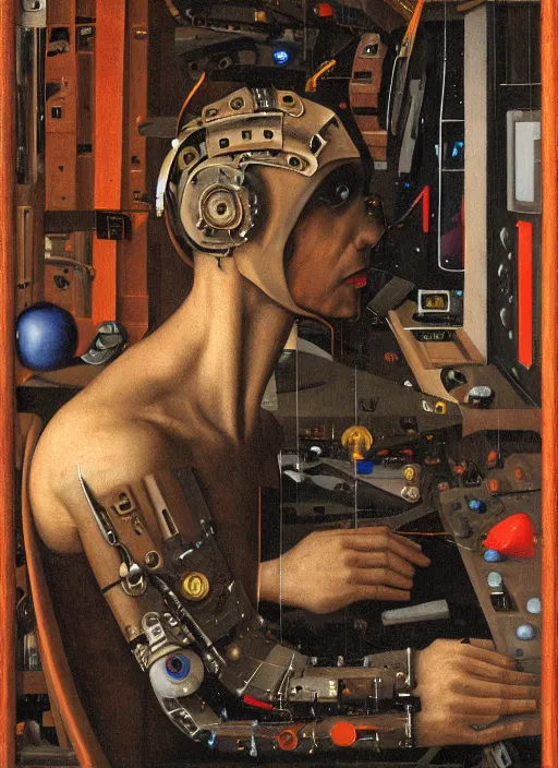 Image similar to a portrait of a cyborg jacked into their cyberdeck by Jan van Eyck
