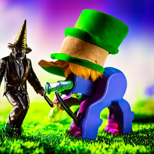 Prompt: leprechaun fighting a robotic unicorn, detailed, photorealistic, 8 k, wide shot,