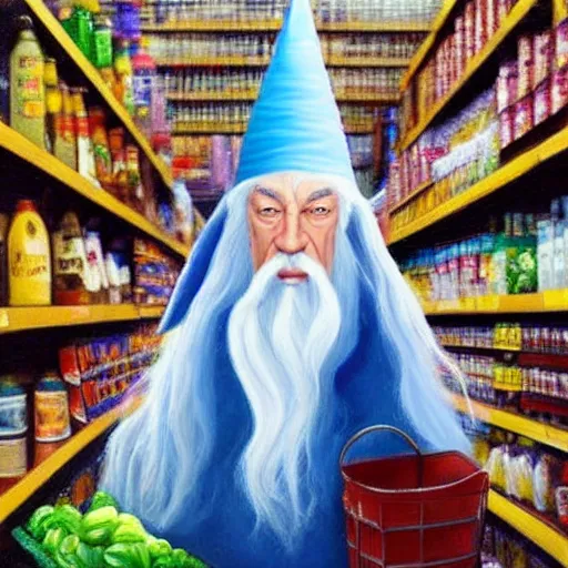 Image similar to oil painting of Gandalf wearing wizard hat, stacking supermarket shelves, depressing, sadW 704