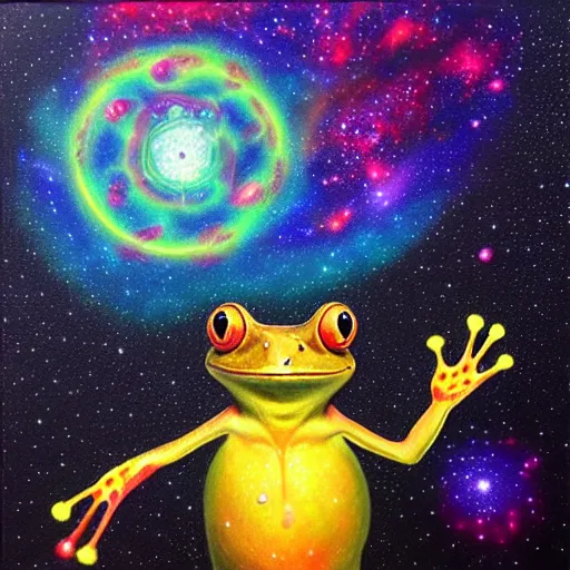 Image similar to the frog in the galactic nebular astral realm sacred journey in oil painting, trending on artstation, award winning, emotional, highly detailed surrealist art