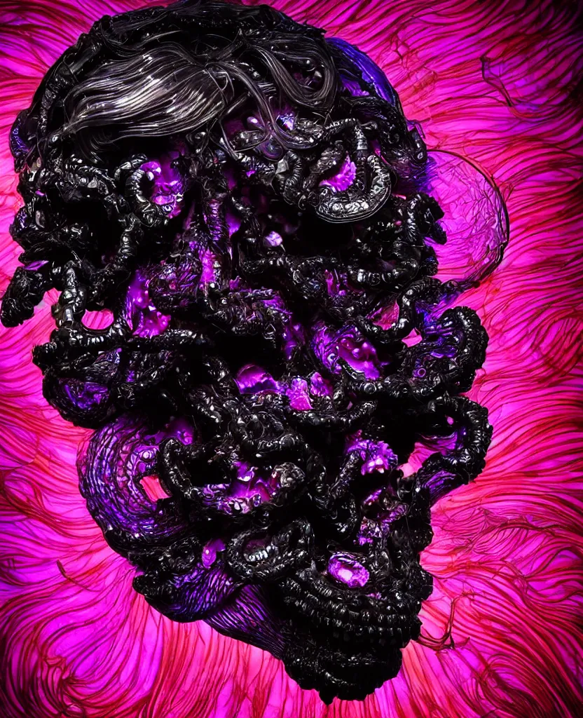 Image similar to fully black background. background hex 000000. goddess princess face close-up portrait ram skull. made of dichroic obsidian. jellyfish phoenix head, nautilus, orchid, skull, betta fish, bioluminiscent creatures, intricate artwork by Tooth Wu and wlop and beeple. octane render, trending on artstation, greg rutkowski very coherent symmetrical artwork. cinematic, hyper realism, high detail, octane render, 8k