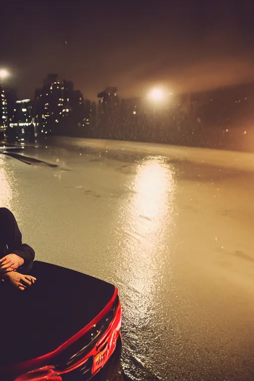 Image similar to Photo of a man sitting on the car roof in the heavy rain at the city that sank , outdoor lighting, dynamic lighting, volumetric, wide angle, anamorphic lens, go pro, 4k