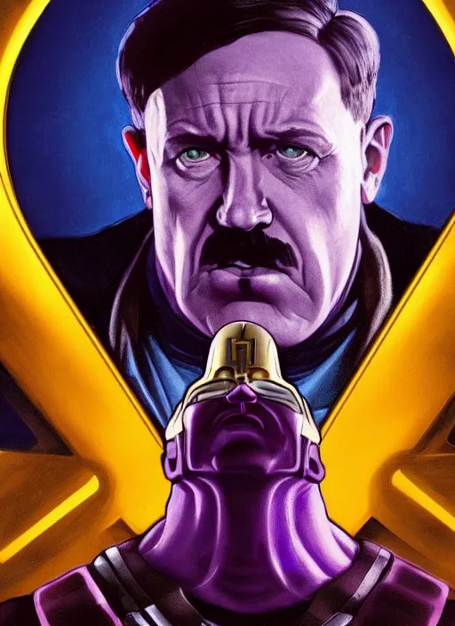 Prompt: a still of Hitler as Thanos in Avengers Endgame, purple Hitler face realistic, infinity gauntlet snap, sigma male, accurately portrayed, portrait art by alphonse mucha and greg rutkowski, highly detailed, digital painting, concept art, illustration, dim lighting with twilight rays of sunlight, trending on artstation, very detailed, smooth, sharp focus, octane render, close up