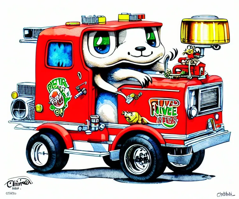 Image similar to cute and funny, beaver driving a tiny fire truck with an oversized engine, ratfink style by ed roth, centered award winning watercolor pen illustration, isometric illustration by chihiro iwasaki, edited by craola, tiny details by artgerm and watercolor girl, symmetrically isometrically centered