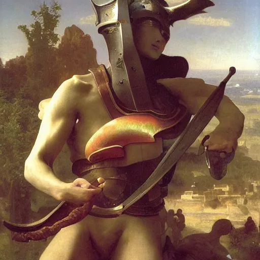 Image similar to A giant snail attacking a knight, oil on canvas, fantasy, highly detailed, epic, by William-Adolphe Bouguereau