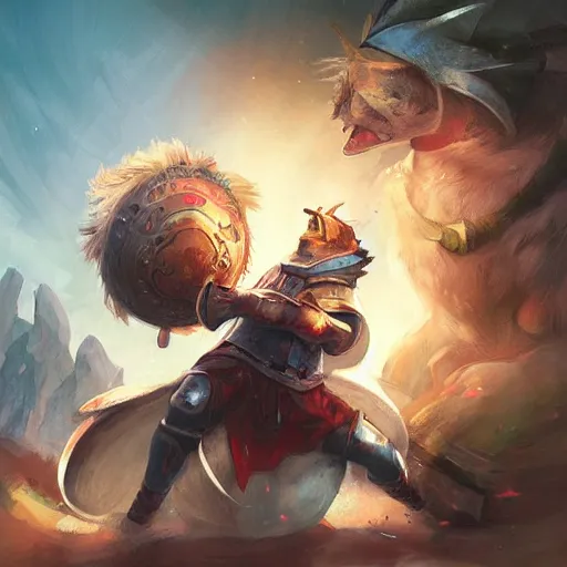 Image similar to a knight fighting a giant hamster, painting by ross tran