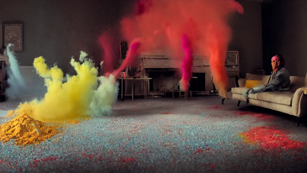 Image similar to colored powder explosion in the living room, film still from the movie directed by Denis Villeneuve with art direction by Salvador Dalí, wide lens