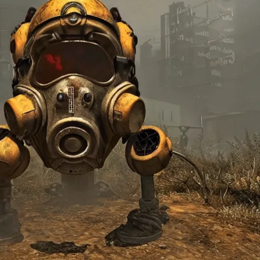 Prompt: fallout super mutant death claw in gas mask