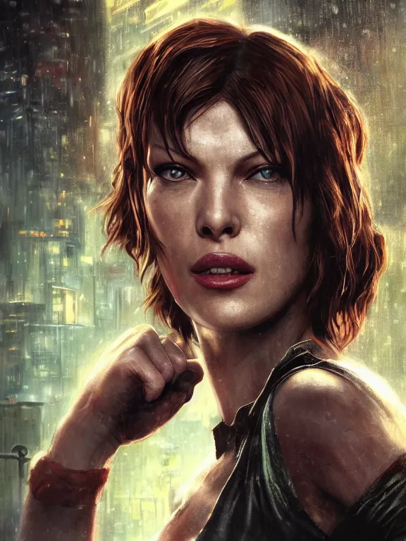 Prompt: portrait of milla jovovich from resident evil fighting in the wreckage city in the rain, by tom bagshaw, cedric peyravernay, james paick, ted nasmith, peter gric, hugh ferriss, trending on artstation, 8 k, blade runner 2 0 4 9, ultra realistic, high detail, golden ratio, cinematic lighting, maximalist