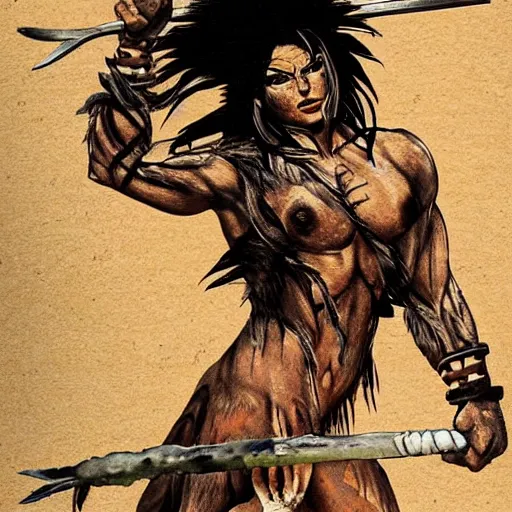 Image similar to Muscular savage barbarian warrior girl, wearing barbarian caveman pelt, cavewoman, wild spiky black Saiyan hair, tiger pelt, holding scimitar made of bone, battle-scarred, scars of battle, bloody, primeval fantasy, electricity, palm trees, pulp art, illustration, Frank Frazetta