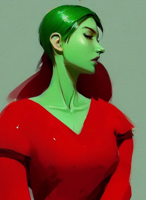 Image similar to a digital painting of a beautiful humanoid female green apple wearing a red dress, by netter, style from greg rutkowski, beautiful eyes, full frame, oil painting, featured on artstation, concept art, smooth, sharp focus, illustration, very detailed, ambient lighting, unreal engine render, concept art by Atey Ghailan, by Loish, by Bryan Lee O'Malley