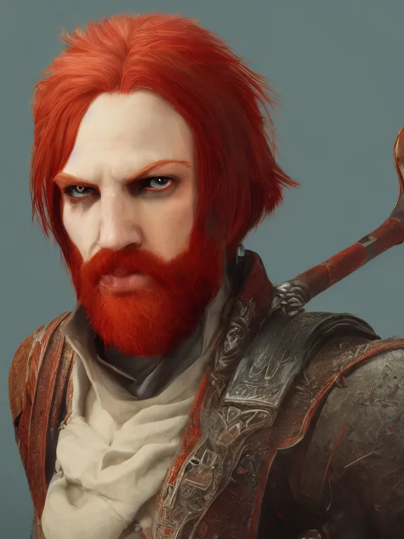 Image similar to Red Headed Slender Male Bard looking Shifty, RPG Character Reference, Oil Painting, Trending on Artstation, octane render, Insanely Detailed, 8k, HD