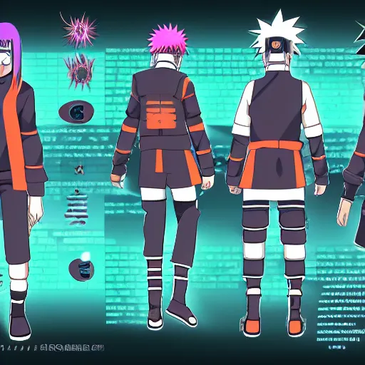 Prompt: naruto but in a cyberpunk futuristic suit character sheet